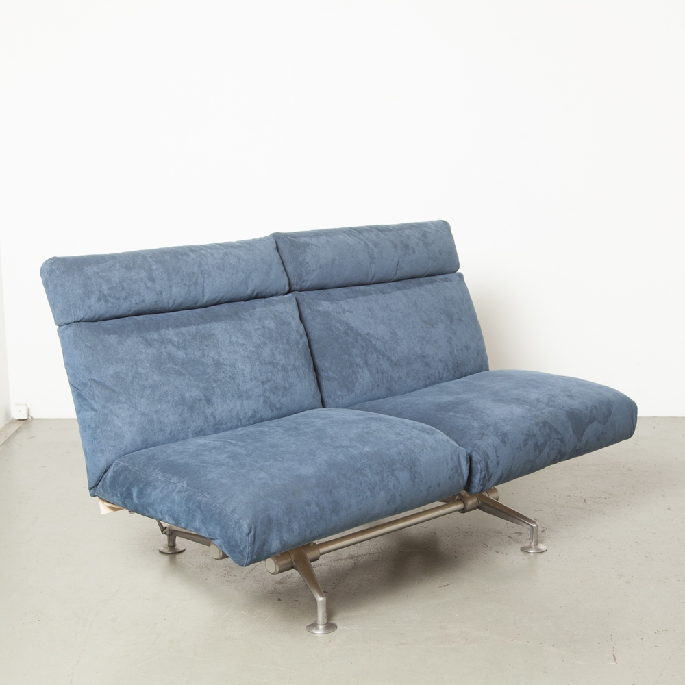 happyhour sofa couch Andreas Störiko B&B Italia reclining lounge twoseater blue suede cushions birch plywood back aluminum base arms flexible joints design Italian modern