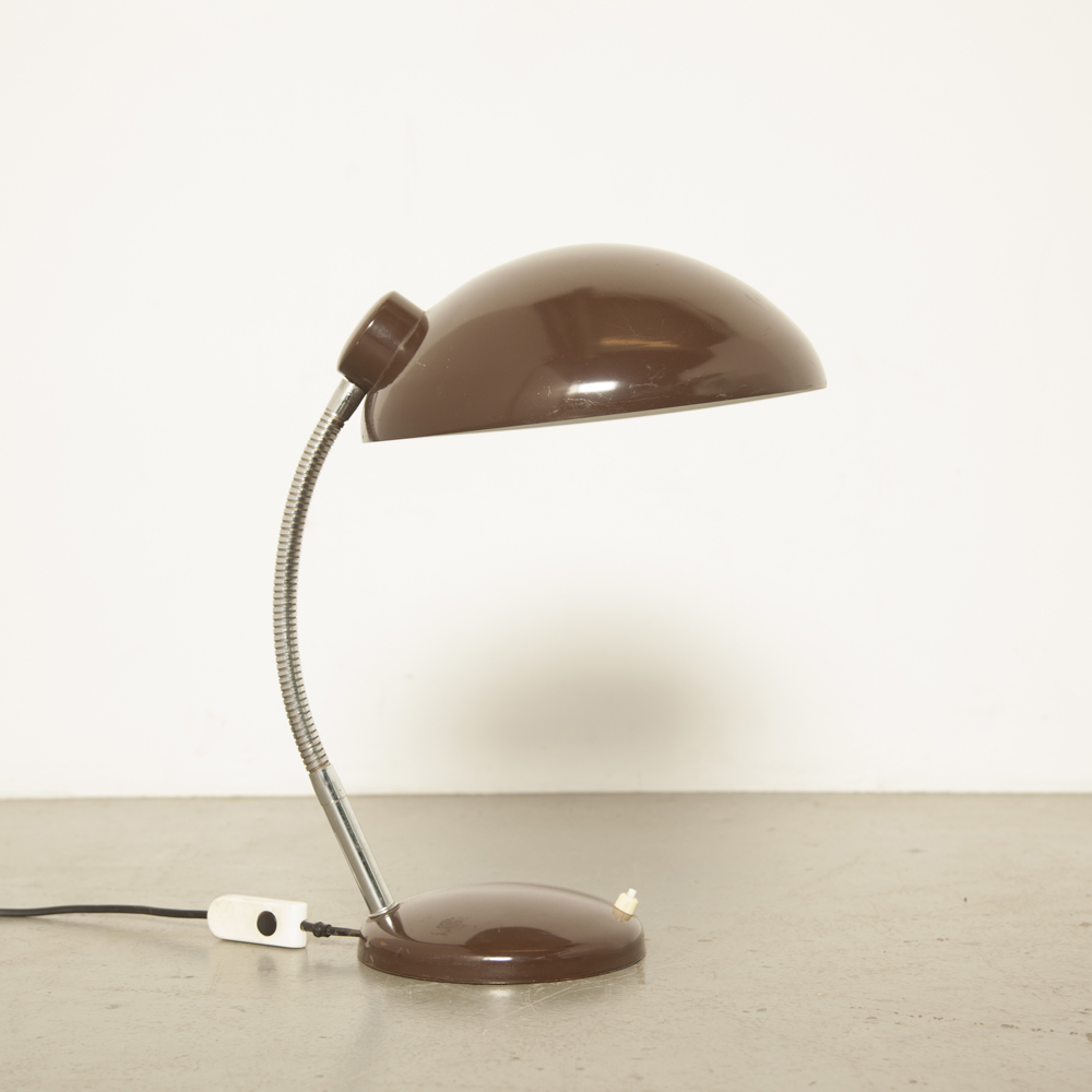 Desk lamp Brown 1960s Bauhaus inspired work light E27 fitting bendable chrome gooseneck adjustable patina worn industrial vintage retro 60s sixties tablelamp