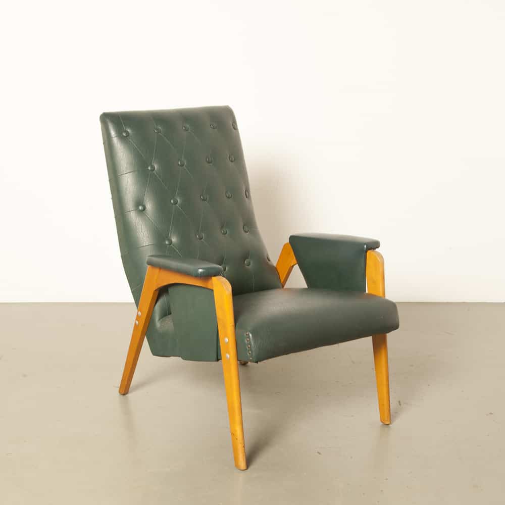 Green Danish armchair skai blond wood buttoned padded back Denmark original leatherette 50s 1950s fifties vintage retro