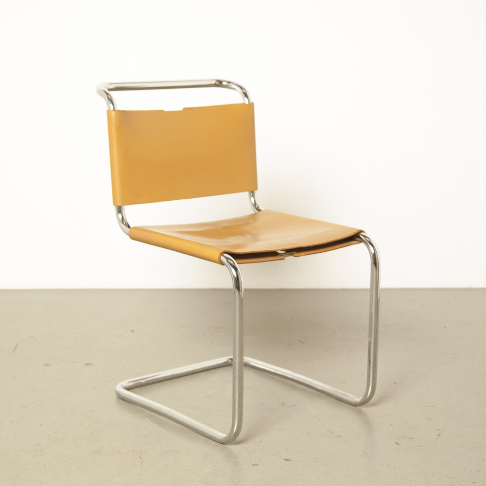 كرسي S33 Mart Stam كروم أنبوبي عائم ناتئ صلب فولاذي بني فاتح سرج جلدي Bauhaus 1920s خمر رجعي منتصف القرن التصميم الحديث كلاسيكي عشرينيات 20s
