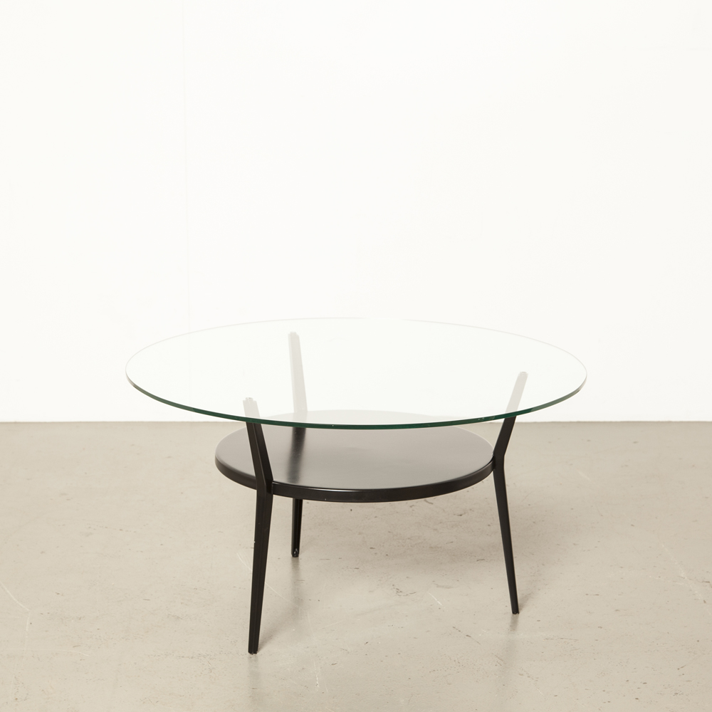 Rotonde茶几Friso Kramer de Cirkel钢架黑漆金属圆形玻璃顶边桌Ahrend恢复架子荷兰设计经典复古怀旧60年代1960年代六十年代
