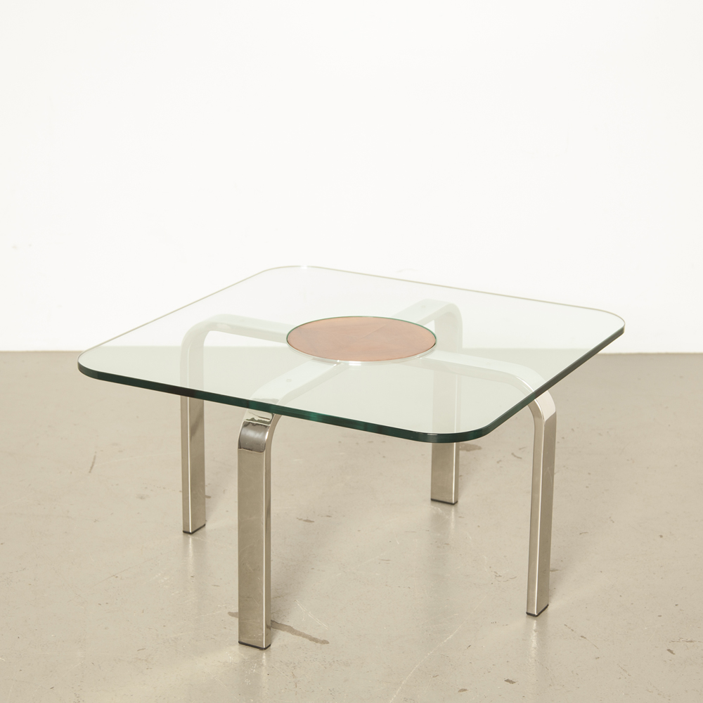 Table basse salon lourd cadre chromé rectangulaire pieds carré en verre épais rond placage de teck moyen vintage rétro des années 70 en verre des années 1970 des années XNUMX