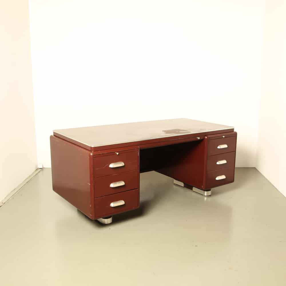Dark red steel desk Prominent Oda Ahrend 1933 linoleum top