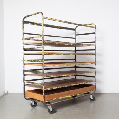Bread Cart Wood Shelves Trays yellow solid teak welded bakers factory production worn battered patina heavy-duty goods transport push pull sturdy and sober Dutch Design steel trolley industrial shop display bookcase storage wheels vintage retro mid-century modern 60s 1960s sixties