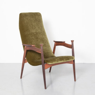 高背扶手椅全新内饰深橄榄绿色天鹅绒实心红木框架扶手旋钮斯堪的纳维亚现代世纪中叶复古复古 60 年代 1960 年代六十年代 Louis van Teeffelen 风格 Finn Juhl 肘部休息室安乐椅座椅