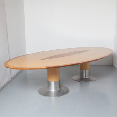 Balance Conference Table Arnold Merckx Arco base column pedestal cast aluminium flattened trumpet oval ellipse top 4 sections quadrants tension bolted blond birch veneer solid hardwood edging cable access point round tubular plywood beech 80s 1980s eighties postmodern