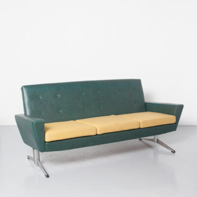 Green TopForm Sofa forest-green leatherette thick textured skai grey-yellow woven seat cushions reversible zipper angular squared-off design chromed two toe foot patina three-seater easy lounge club couch vintage retro Mid-Century Modern 50s 1950s fifties Top Form Dutch