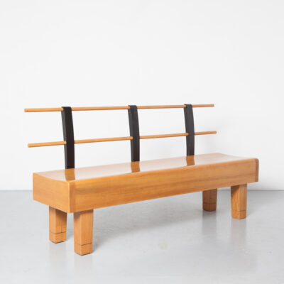 Solid Oak Bench with decorative back-support blond shaped seating contemporary modern church office waiting-room hallway black metal wear patina sturdy varnish finish