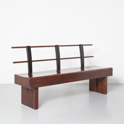 Solid Mahogany Bench with decorative back-support brown shaped seating contemporary modern church office waiting-room hallway black metal wear patina sturdy varnish finish
