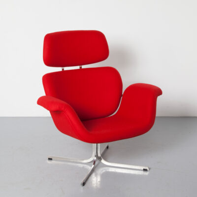 튤립 F545 안락의자 Pierre Paulin Artifort 밝은 빨강 광택 스테인리스 스틸 크로스 베이스 꽃잎 꽃잎 안락한 라운지 의자 착석 디자인 클래식 60년대 1960년대 XNUMX년대 빈티지 레트로 미드 센츄리 모던
