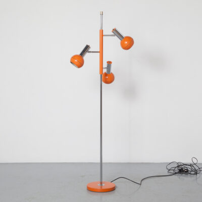 Koch Lowy floor lamp adjustable orange spots round shade reading accent light chrome column round base cast-iron freestanding light E27 fitting OMI knee joints foot switch vintage retro mid-century modern 70s 1970s seventies