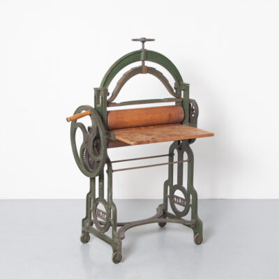 Blitz Freestanding Cast-Iron Mangle wooden rollers etching printing press conversion restored forest green late 19th early 20th century gothic cathedral shapes pointed arches flying buttresses vintage retro industrial