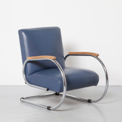 Tubax Vilvoure navy-blue leatherette armchair chromed tubular steel paperclip spiral side profile solid wood armrest sprung bouncy rocks slightly floating cantilever lounge easy chair Bauhaus inspired Belgium vintage retro mid-century modern 30s 1930s thirties seating