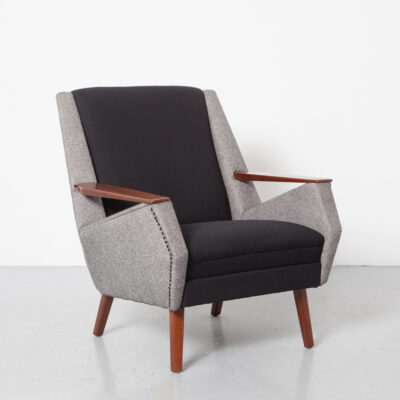 Angular Armchair Dutch design new upholstery charcoal grey black two-tone teak armrests fabrication sleek modern cut away sides easy lounge arm club chair vintage retro mid-century 50s 1950s fifties seating decorative nail tack