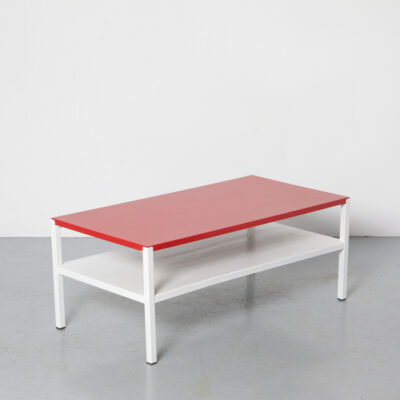 Minimalistic Modernist Coffee Table shelf red white sober Dutch Design wood composite top metal legs low rectangle rectangular restored painted magazine newspaper reading material storage vintage retro mid-century modern 60s 1960s sixties