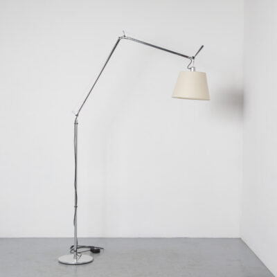 Tolomeo Mega Floor Lamp Aluminium Parchment De Lucchi Fassina Artemide Italy free standing adjustable arm light cantilevered joints polished spring balanced shade design 2000s Noughties E27 fitting in-line dimmer
