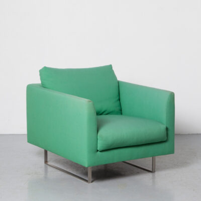 Axel Armchair Gijs Papavoine Montis green Industrial Elegance float brushed stainless steel sled base floating effect sober design comfort deep woven cotton blend fabric square contemporary modern 2000s Dutch chair seating lounge