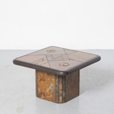 Paul Kingma inspired small coffee table Fedam brutalist concrete floating slab sculptor natural stone slate agate copper brass South African krugerrand coin Elizabeth vintage retro 80s 1980s eighties Ramburrem salon mid-century modern square cement Imperishability ease of use invulnerability joy craftsmanship