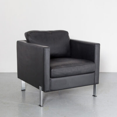 DS-118 Lounge Chair De Sede квадратный куб, толстая черная качественная кожа, хромированные стержни, стальные ножки, прямоугольное дизайнерское кресло, легкое винтажное ретро, ​​модерн середины века, 70-е, 1970-е, семидесятые, швейцарские сидения