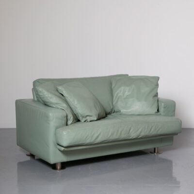 Piacere Loveseat Minotti pale green Bob H Miller Italian Modern contemporary quality sage mint cushions sofa couch seating 2000s Poltrone e Divani square arm Lawson brushed steel legs disc feet french seam top stitch
