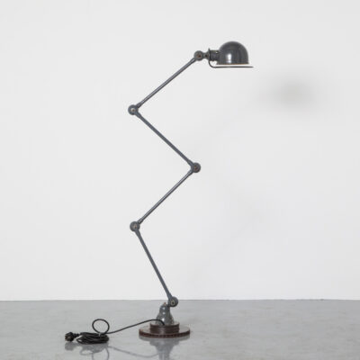 Jieldé Loft Floor lamp Standard Jean-Louis Domecq grey painted steel patina activity simple robust articulated light cables joint industrial timeless functional classic handmade France vintage retro design Yielde mid-century modern 50s 1950s fifties porcelain Bayonet car brake disc base