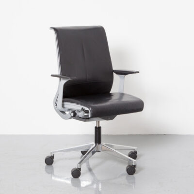 Think Chair Glen Oliver Löw Steelcase Ergonomic Office Conference Black Leather silver grey frame swivel auto-return recline adjust seat depth desk work wheels casters contemporary modern seating 2000s
