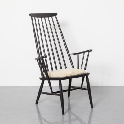 Danish modern Spindle Back chair black sheep-skin seat tapered high-back armrest Ilmari Tapiovaara inspired style vintage retro mid-century 60s 1960s sixties