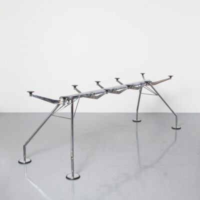 Nomos Table Norman Foster Tecno Italy High Tech hightech glass chrome rigid zoomorphic skeleton frame futuristic conference desk dining meeting 1980s eighties icon industrial design boardroom engineered modern splayed metal legs central spine