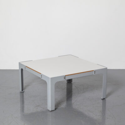 Industrial Square Coffee Table low elegant anodised grey folded thick sheet steel bolt-on legs plywood top white formica surface heavy duty thick sturdy solid contemporary modern 2000s