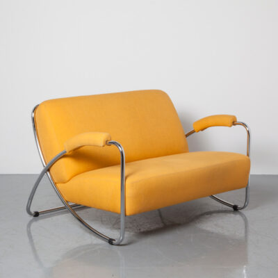 Dyker 20 Nestor The Fish Vis two seater sofa Anton Lorenz Dutch Seating Company woven marigold yellow cotton blend upholstery matching armrests Thick Chrome Tube frame welded cross padded couch vintage retro mid-century modern 30s 1930s thirties