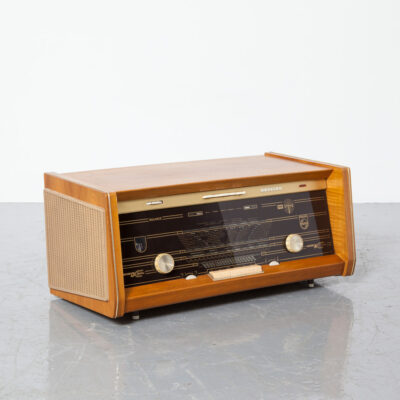 Philips B6X43A/01 Buizen Stereo Radio hout fineer kast multiplex FM Bi-Ampli lange midden korte golf miniwatt tafelmodel origineel knop achterpaneel voor glas embleem volledig functioneel licht op speelt muziek vintage retro mid-century modern jaren 60 jaren 1960 sixties