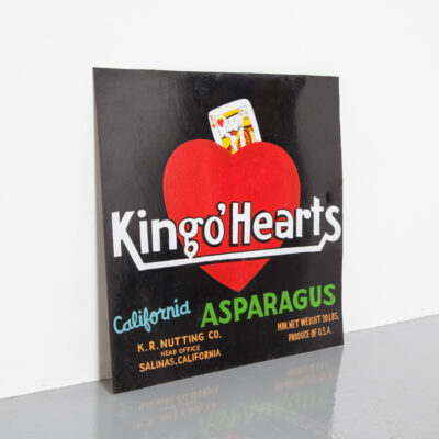 Polychrome Metal Sign King o’ Hearts California Asparagus 20th Century Decorative Arts hand painted folkart traditional folk art red heart playing-card king of hearts vintage retro brocante board industrial art wall object decoration mood maker bright vivid colours add billboard advertising Nutting Head Office Salinas