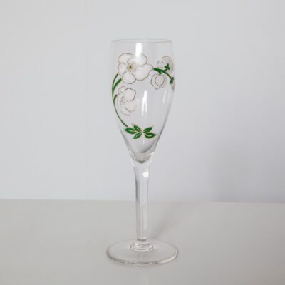 Perrier-Jouët Champagne Flute Glass Emile Gallé 花卉图案 Art Nouveau 日本海葵 金色衬里 绿色 白色 粉红色 特别版 手绘珐琅 Epernay 法国复古复古 世纪中叶 现代 60 年代 1960 年代 六十年代 罕见的标志性