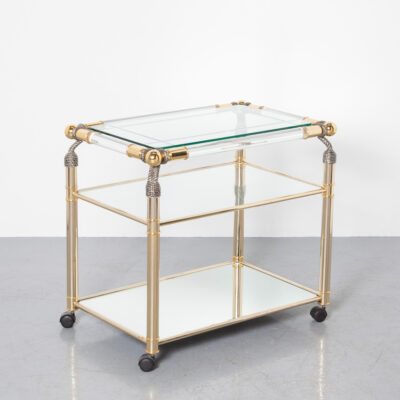 Meubles Curvasa Serving Cart Trolley messing brass mirror faceted ground glass polished sparkle shine Lucite acrylic stretchers gold Hollywood Regency Bar metal rope twist sculptural rectangular Michael Herold side table coffee 70s 1970s seventies vintage retro