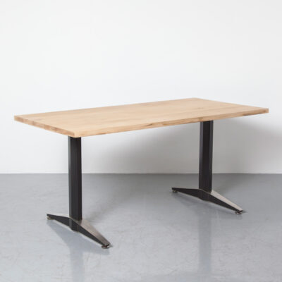 Gispen Table new natural solid oak top blond conference office meeting dining work anthracite powder-coated steel frame brushed stainless steel toe caps vintage retro 80s 1980s eighties angular pointy sharp design