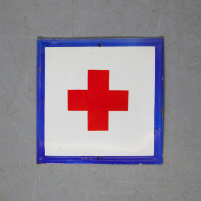 Vintage FirstAid Red Cross Enamel Sign original worn used white mediterranean blue frame wall hanging steel glazed porcelain appliance thick vitreous Eastern Europe first aid medical emergency station hazmat military protection hazard fallout safety archaic apocalyptic atompunk factory industrial retro mid-century modern