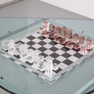 Vintage Italian Acrylic Chess Set Clear vs Smoke Plexiglass Lucite game board screen printed squares playing pieces king queen rook bishop knight pawn fantastic plastic space age retro 70s 1970s seventies