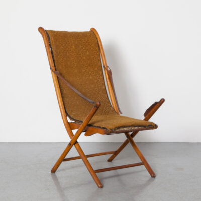 19세기 프랑스 인조 대나무 캠페인 안락 의자 접이식 시골집 의자 Marked Oak 회전 가죽 CL Guerry Paris Brevetes SGDG 앤티크 사파리 라운지 좌석