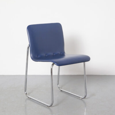 Castelijn Chromed Tube Frame Chair seat shell blue leatherette buttons sled base office work dining Dutch Design vintage retro mid-century modern 80s 1980s eighties seating