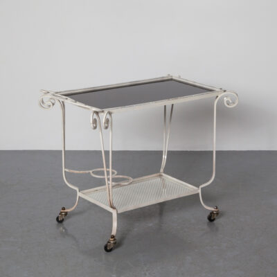 White Wrought Iron Serving Cart Trolley side tray table bar tea beverage drinks serve coffee glass insert smoked perforated frame wheels castors eclectic Neoclassical Style 60s 1960s sixties vintage retro mid-century modern