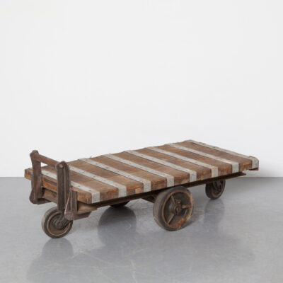 Industrial Coffee Table Rolling Pallet Cart Low flatbed truck trolley Palletwagon old wood steel frame aluminium straps wheels patina Railroad Dock warehouse salon tough sturdy rough heavy duty rugged vintage retro brocante upcycle reuse repurposed