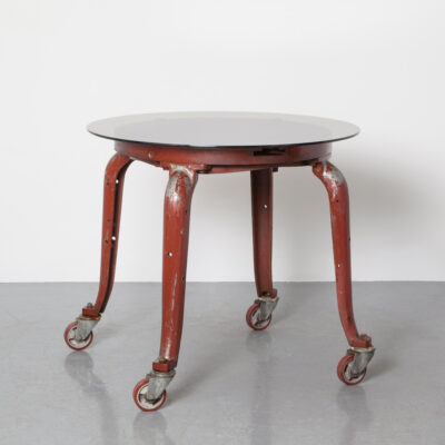 Cast Iron Aluminium Machine Base Table smoked glass top round circle legs rust-red solid heavy robust recycled reused duty swivel castors wheels industrial heritage vintage retro mid-century modern 70s 1970s seventies