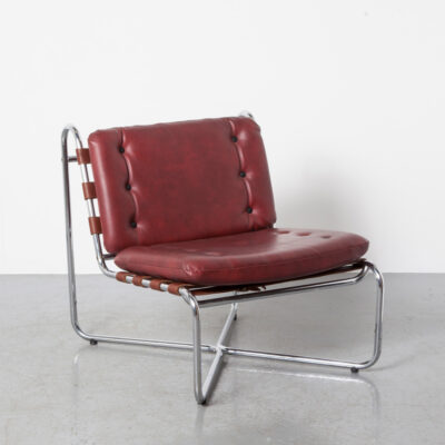 Tubular Frame Lounge Chair Unknown new belts cushions burgundy red brown belt buckles chromed tube cross base armchair easy seating vintage retro mid-century modern bauhaus
