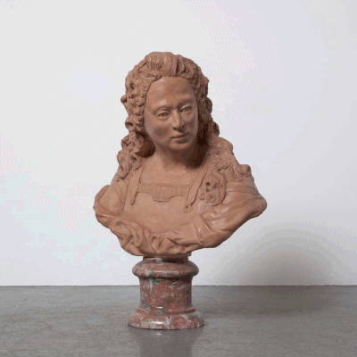Renaissance style Terracotta Bust statue portrait woman female lady Courtesan Italian French early 20th century signed CM ceramic pedestal pillar socle base hand made androgyne emotionless academic long wavy hair sculpture