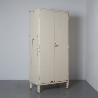 Industrial Wardrobe tall clothes rod hanging shelf latch door high Vintage Medical Lab Cabinet cream yellow patina Surgical Operating Instrument storage pharmacist apothecary doctor dentist hospital steel case cupboard closet Eastern Bloc 50s 1950s fifties retro industrial rounded corners