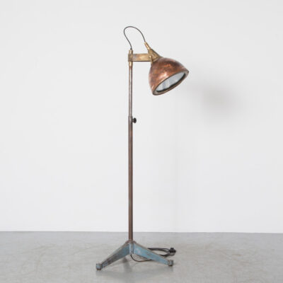 Upcycled Ships-light Floor Lamp copper brass recycled reuse salvage steel tube height adjustable tripod base stripped mottled waxed finish industrial rugged shade E27 foot switch Pieter Bredius