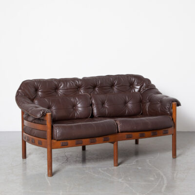 Brown Leather Sofa Sven Ellekaer Coja Culemborg Scandinavian Arne Norell inspired two-seater couch loveseat open frame solid tropical hardwood web webbing seating shaped cushions armrests mid-century modern vintage retro 70s 1970s seventies